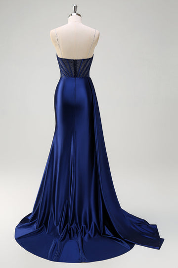Vestido de fiesta con cordés de tren de Watteau con cuello en V y cuello en V azul marino con abertura